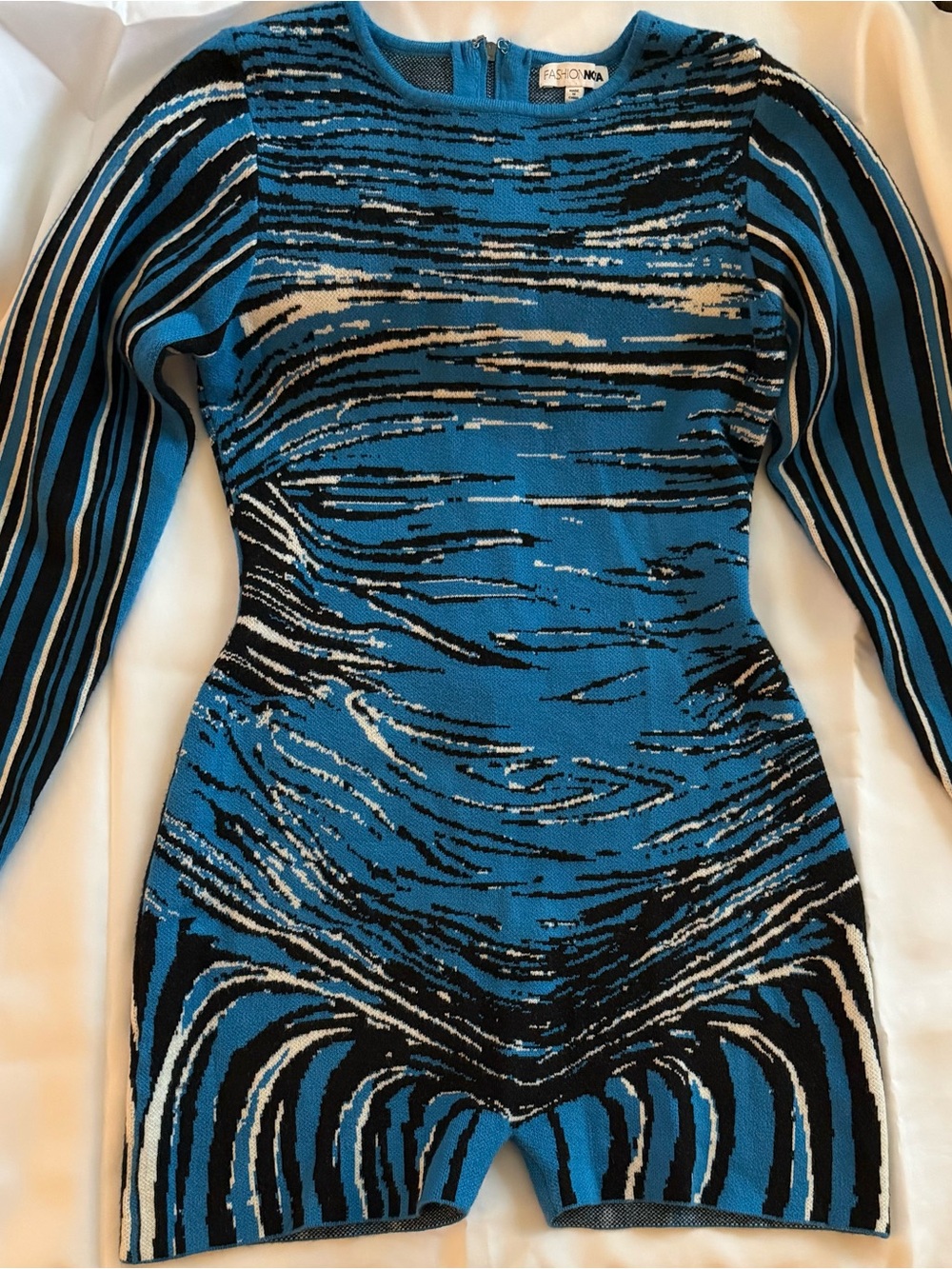 Fashion Nova Blue and Black Striped Knit Long-Sleeve Dress